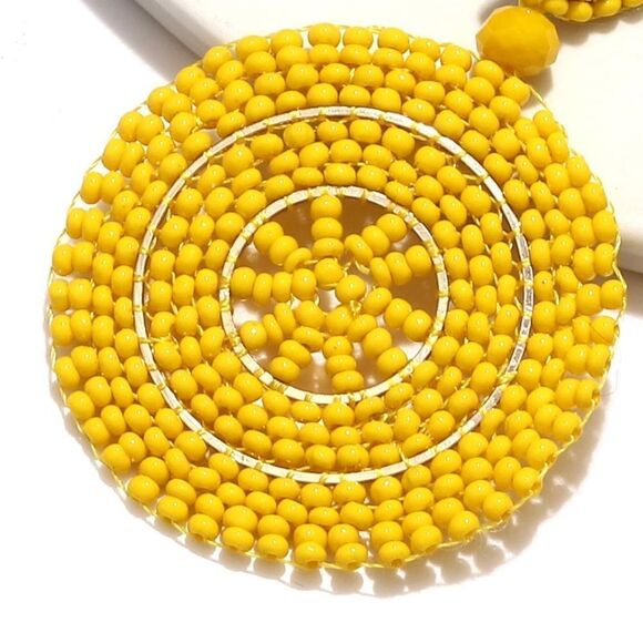 Yellow Beaded Double Round Disc Boho Dangling Drop Statement Post Back Earrings - Picture 6 of 7